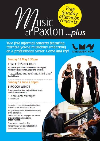 PaxtonHouse's tweet photo. Music at Paxton: 15th of May and 12th of June @ 2.30pm.
Free Sunday concerts. 
@foylestsura_duo and @Sirocco_Winds https://t.co/V4ynh7LWJO