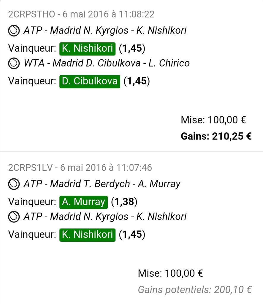 Easy__Pronos's tweet image. #TICKETDUJOUR

#ATPMasters1000
🎾 Nishikori 1.45 ✔
🎾 Murray 1.38 ✔

#WTAMasters1000 
🎾Cibulkova 1.45 ✔

#ParionsSport