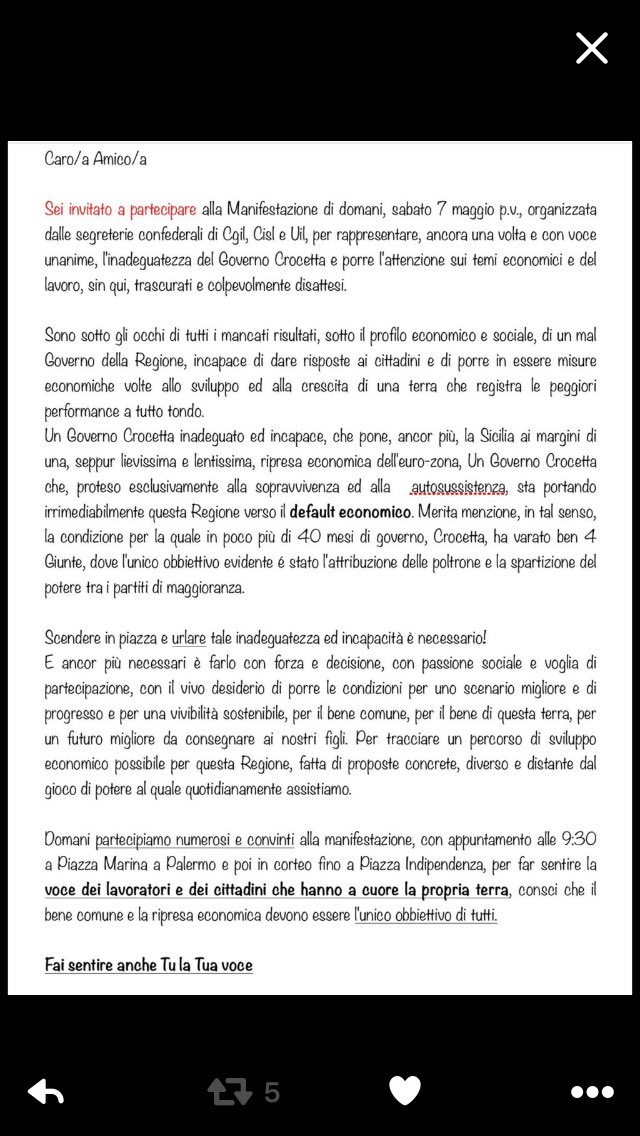 mauriziobernava's tweet photo. #LaSiciliaAffonda, Sabato #7Maggio  protesta regionale #Cisl Cgil Uil a Palermo. Partecipare e non rassegnarsi mai! https://t.co/lLNcvIg9fK