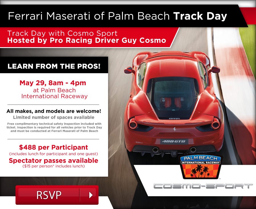 CosmoSportInc's tweet photo. Join us Sunday, May 29th for the next @FMPalmBeach track event hosted by @GuyCosmo! RSVP: https://t.co/sRdsvhrimm https://t.co/pC84UgGHSi