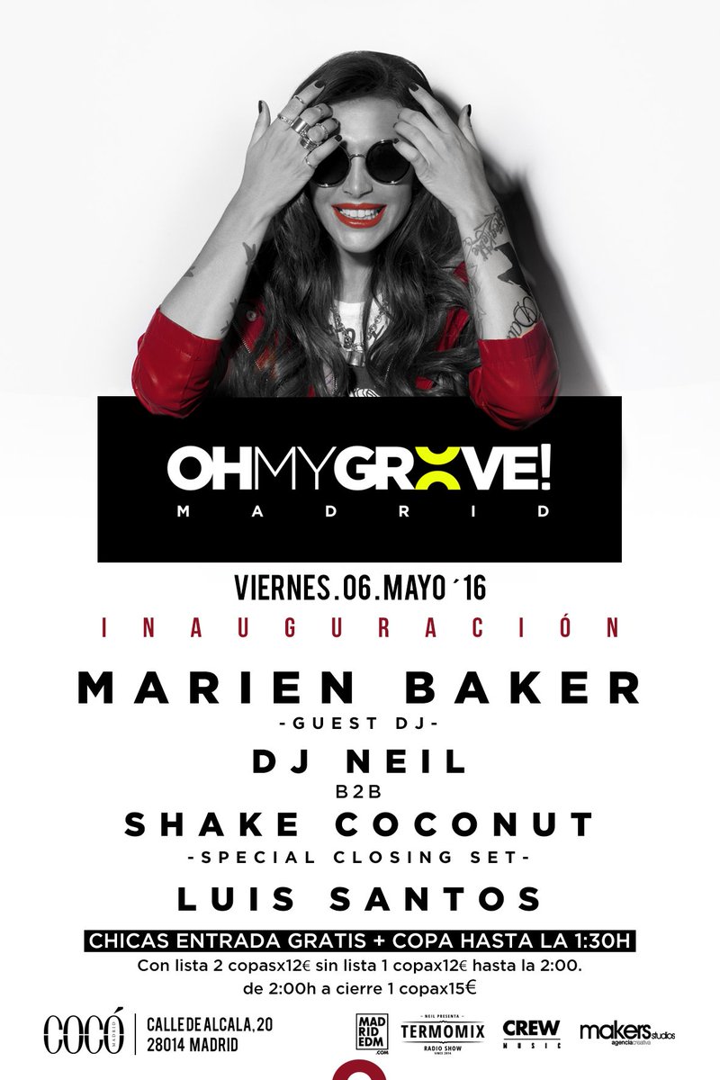 Pastaglassbu's tweet photo. MARIEN BAKER + DJ NEIL + SHAKE COCONUT + LUIS SANTOS esta noche en OH MY GROOVE! https://t.co/GoPeD9GjeF https://t.co/pj6XpIrKlK