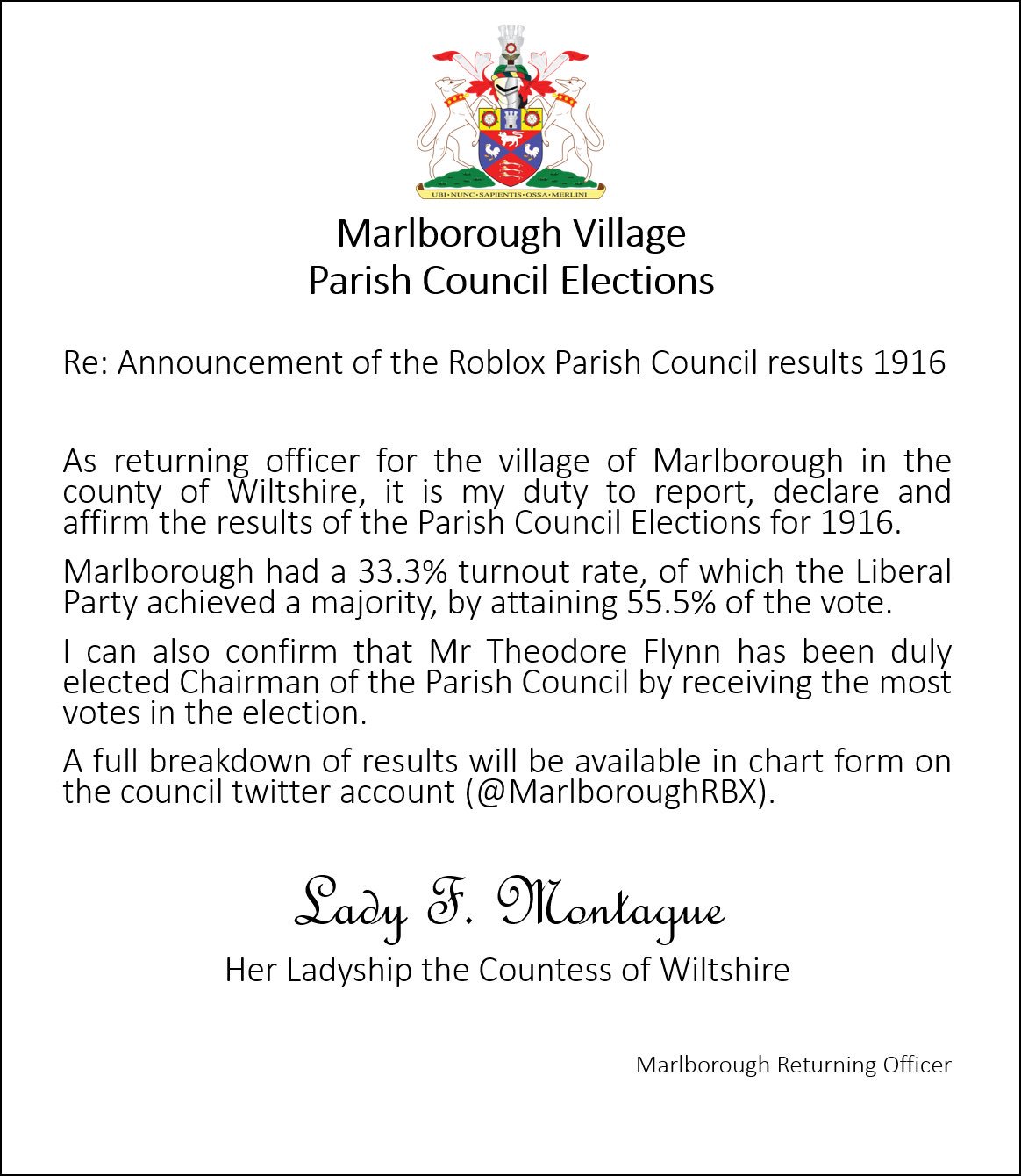 Marlborough Village on Twitter "Her Ladyship LadyFMontague has signed the official election
