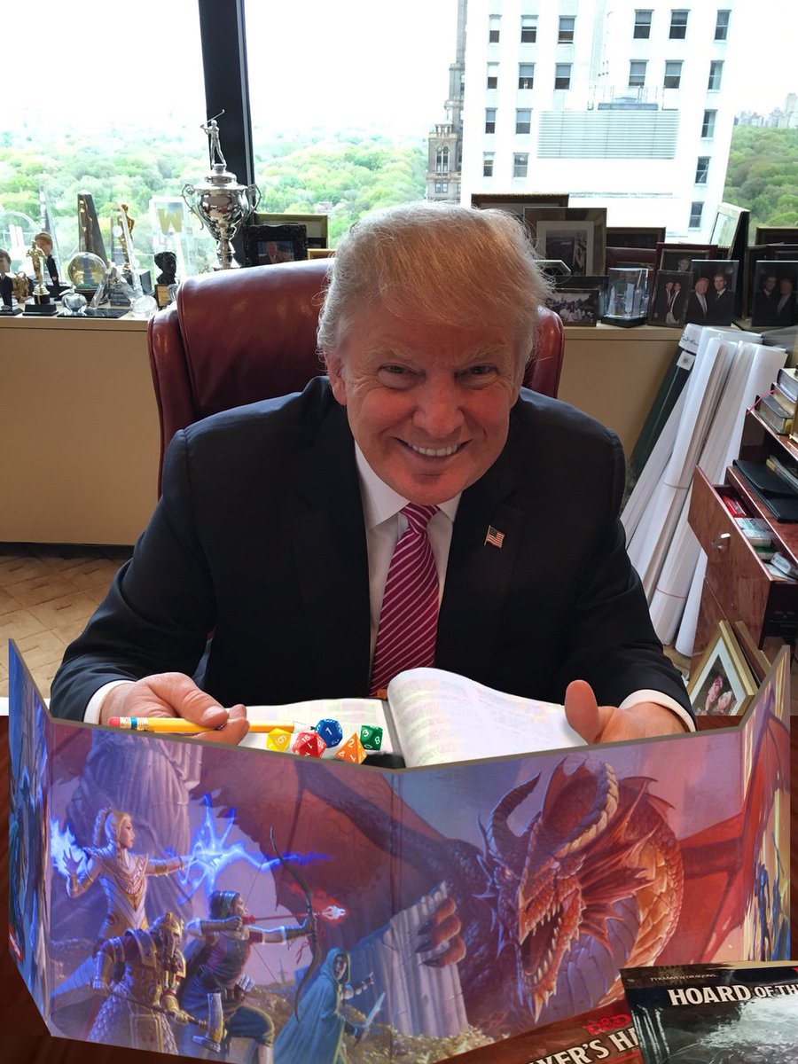 DungeonsDonald's tweet photo. Happy #dnd_friday! The best campaigns are played in Trump Tower. I love DMing! #DonaldTrump #dnd #dungeonmaster https://t.co/yEsF4KCDTy