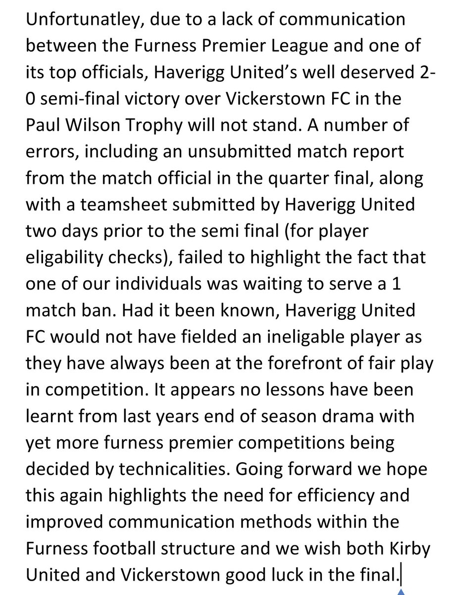 Statement from Haverigg United FC:-