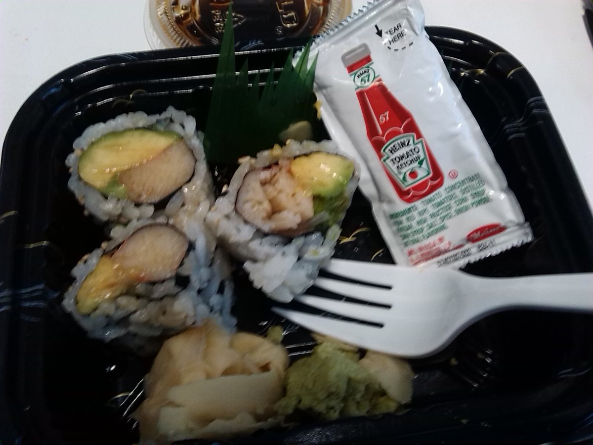 _JohnRoarty's tweet photo. The cubs bought me California rolls. About as far as I will go with sushi. Sushi is not my bag. #NeedsKetchup :-P https://t.co/cHFkrkPBi8