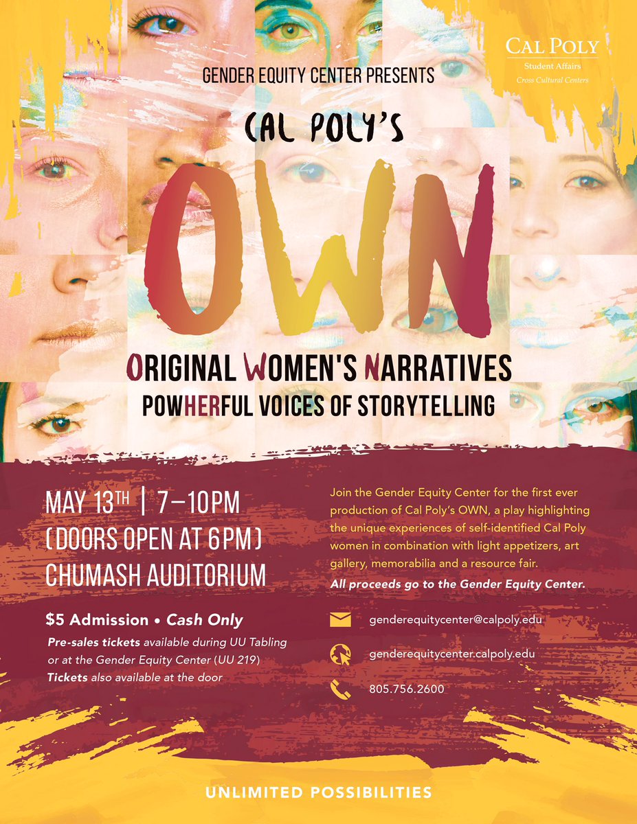 CPcrosscultural's tweet image. One week! Don&apos;t miss #CalPoly’s OWN (Original Women’s Narratives): PowHerful Voices of Storytelling on May 13. #SLO