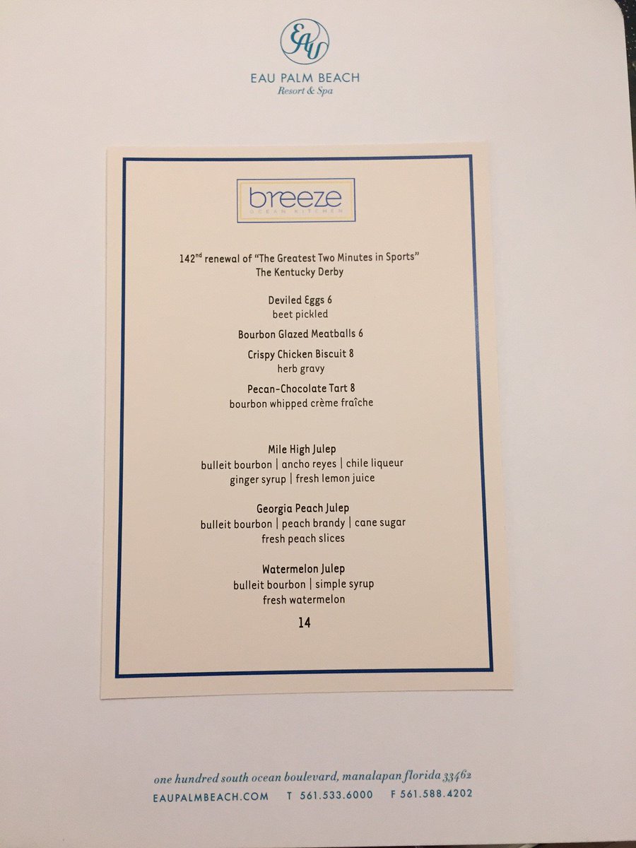 eaupalmbeach's tweet photo. Join us at #BreezeOceanKitchen for Derby Day tomorrow - Eau-inspired Juleps and tasty small plates starting at noon. https://t.co/q2GgZfRKwK