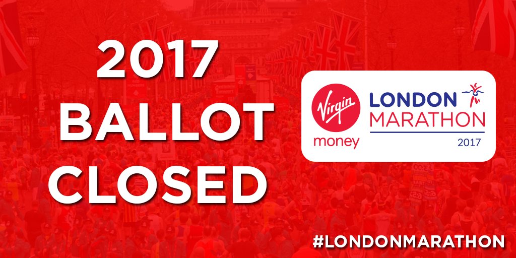 LondonMarathon's tweet photo. ICYMI: The ballot for the 2017 @VirginMoney #LondonMarathon closed at 5pm. Good luck to everyone that entered! 🏃💨💨💨 https://t.co/44M9RS31XU