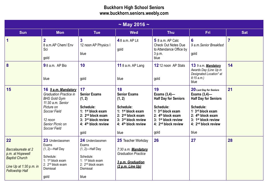 Buckhorn_High's tweet photo. Senior Events, Senior &amp; Underclassman Exam Schedules.
@Buckhorn2016 @Buckhorn2017 @Buckhorn2018 @Buckhorn2019 https://t.co/hf4mupXuuW