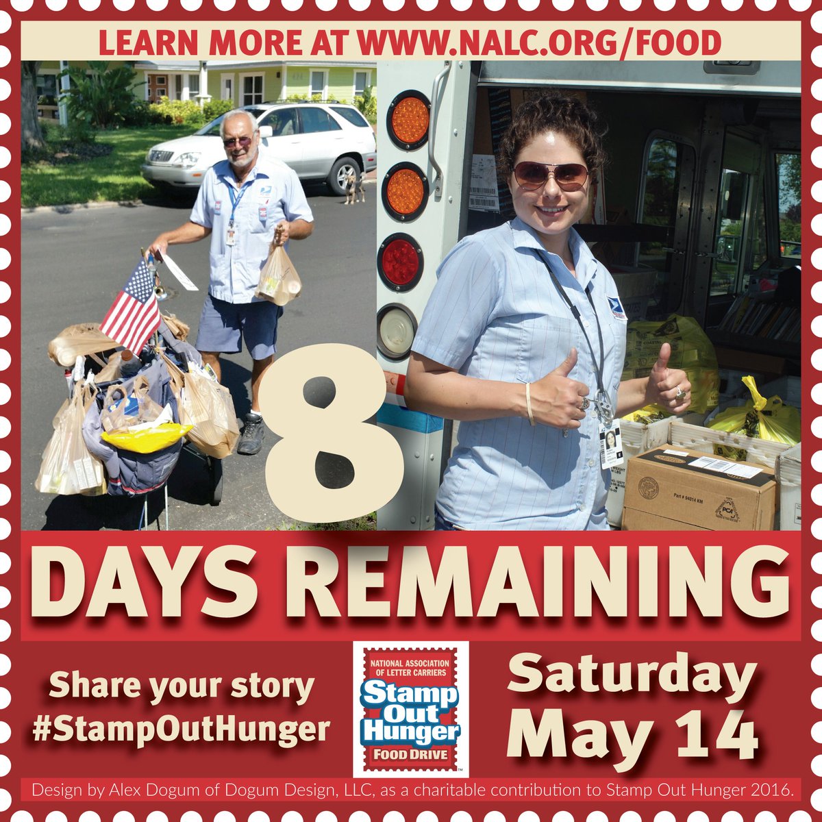 StampOutHunger's tweet image. 8 days till the #StampOutHunger Food Drive—Sat., May 14. TIP: Confirm w/your letter carrier his/her participation.