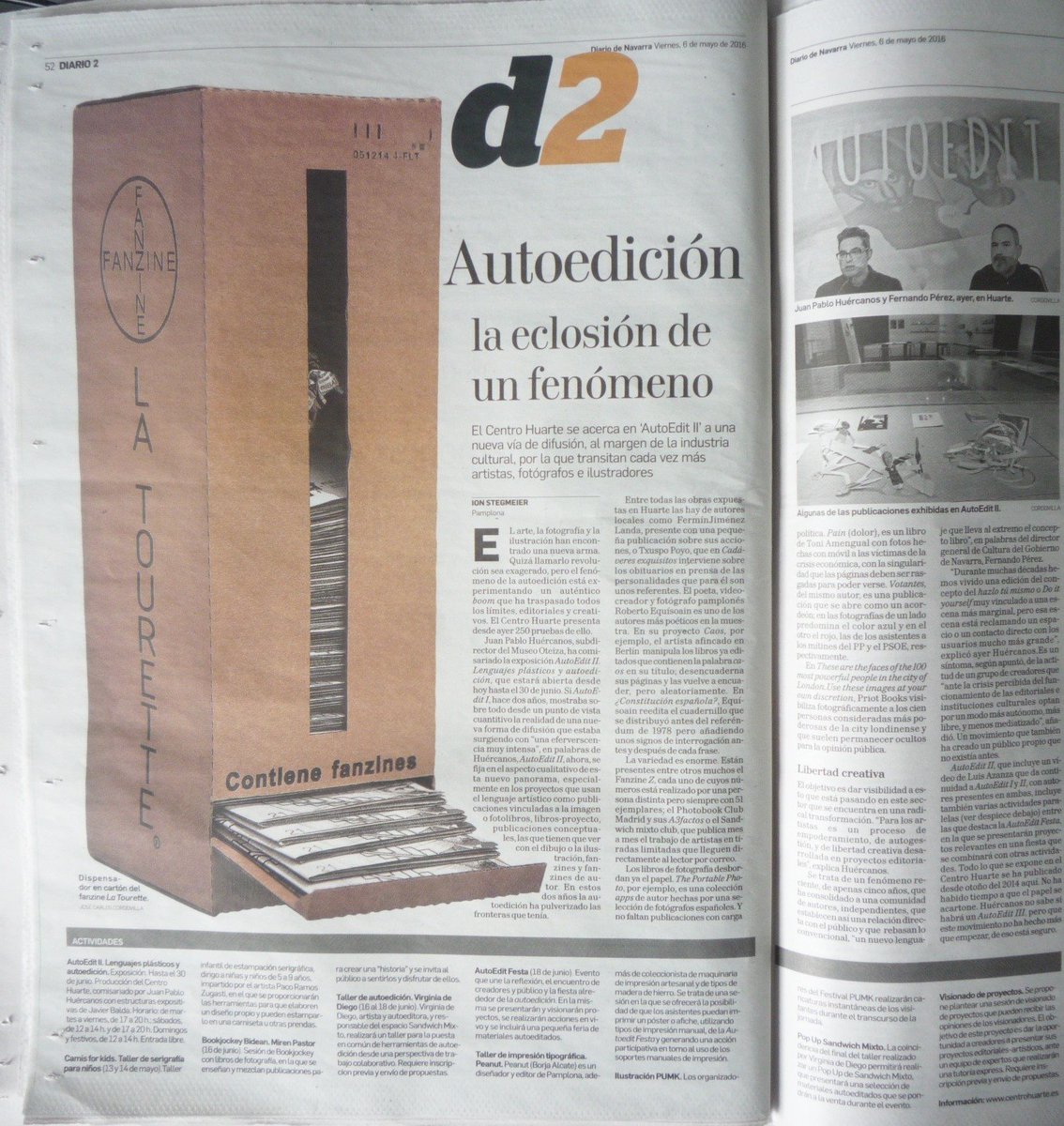 FnznLaTourette's tweet photo. Hoy, en el periódico,
fotaza de nuestro #dispensadordefanzines <3
Y ¿por qué?
#autoedit2 en @centrohuarte !! https://t.co/YjqmFMB3mJ