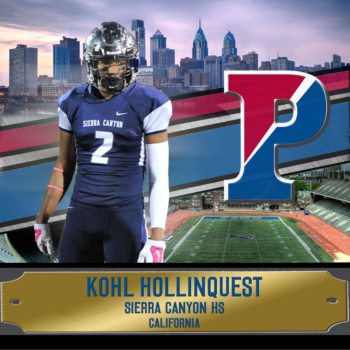 PennFB's tweet photo. Welcome Kohl Hollinquest! Kohl is a Wide Receiver from Sierra Canyon HS in California! #Penn2020 https://t.co/N6y3A3i4Qa