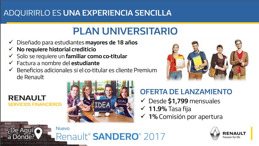 SpeedWorksMx's tweet photo. Plan de financiamiento Universitario de @RenaultMX para que nadie se quede sin su #RenaultSandero2017 #DeAquiAdonde https://t.co/zyZfHiBYTF