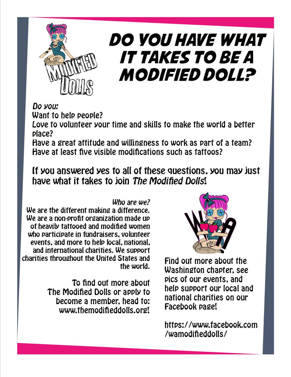 WAModifiedDolls's tweet photo. Do you have what it takes to be a #ModifiedDoll? #volunteering #givingback #tattoos #nonprofit https://t.co/1rMTphCvVS