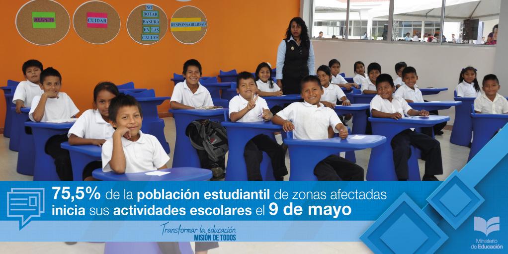 EducacionZ5_Ec's tweet photo. "75,5% de la población estudiantil en zonas afectadas inicia sus actividades escolares el 9 de mayo" @AXEA65 https://t.co/XcVYgx49zx