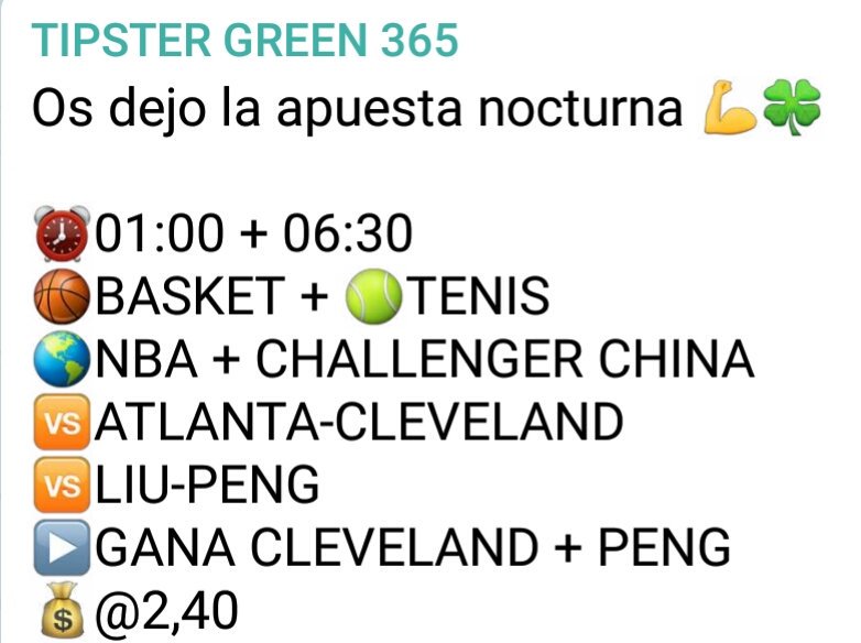 Os dejo 1 apuesta nocturna para esta noche👌
#picks👇👇
telegram.me/joinchat/C56Bg…

#NBA #Tenis #tipster CLEVELAND ATLANTA
