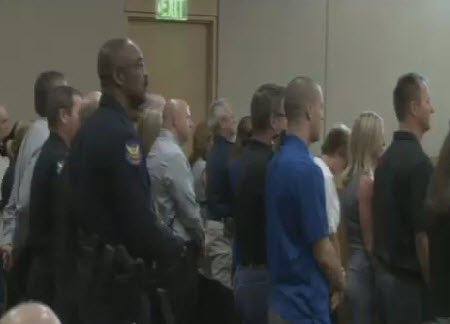 cathyrusson's tweet photo. #DannyMartinez - WOW! Gallery stands during sentencing as video is played of officer #TravisMurphy during vic imp https://t.co/aYrnq4ud9S