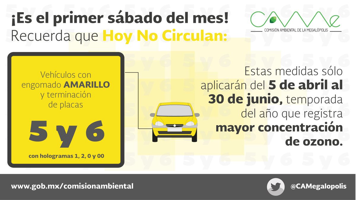 CAMegalopolis's tweet image. Mañana Sábado, dejan de circular vehículos con engomado amarillo o terminación de placas 5 y 6
