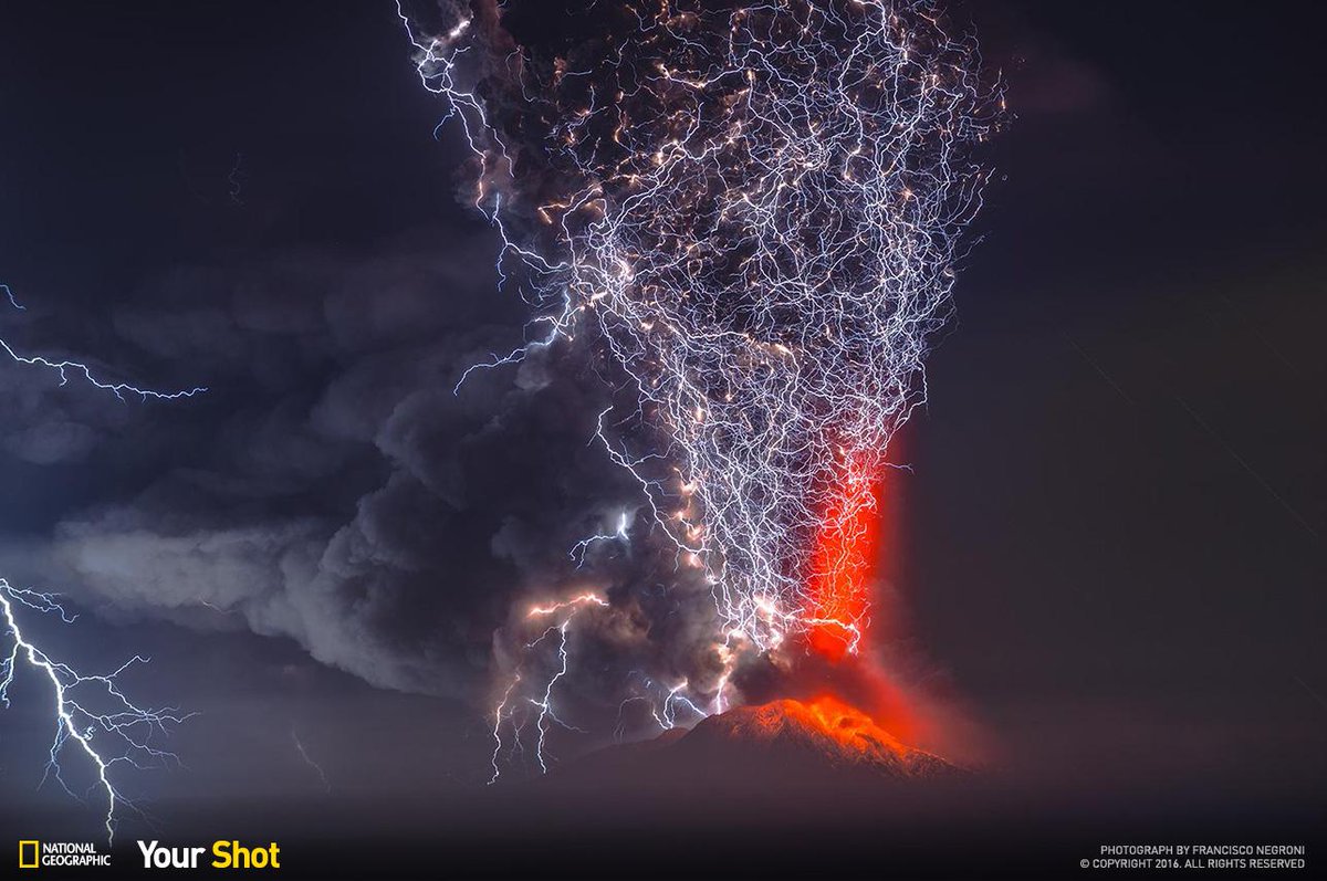 NatGeo's tweet image. Friday Fact: Bolts of lightning can shoot out of an erupting volcano.