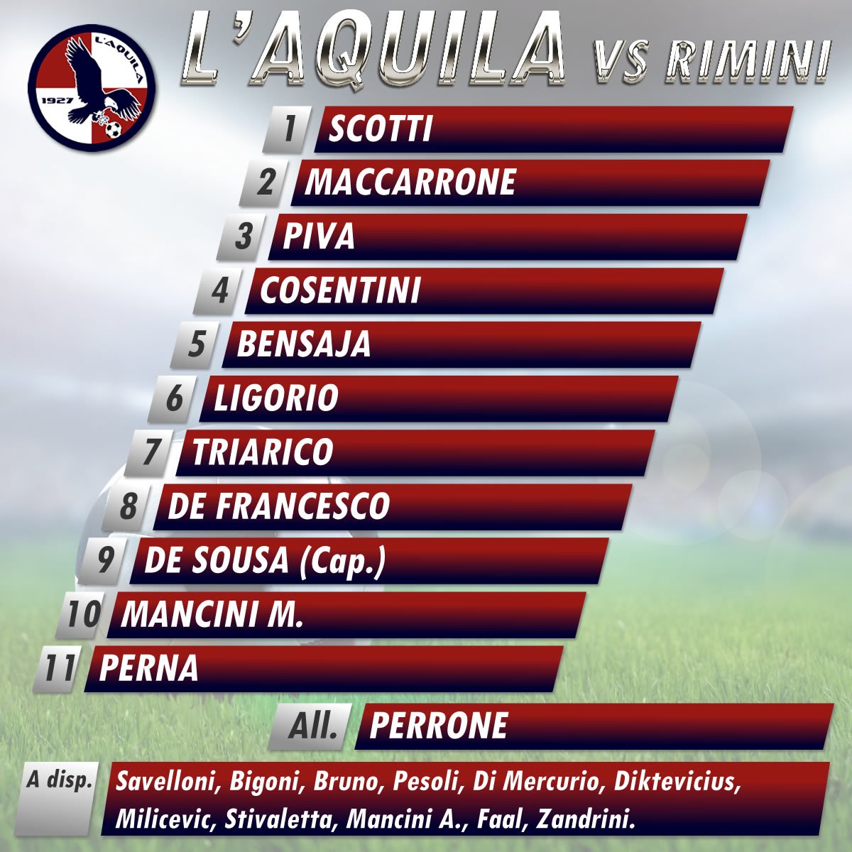 L'AQUILA - RIMINI Inizio ore 16:00 - La formazione rosso blu  #LAquilaRimini #LegaPro
