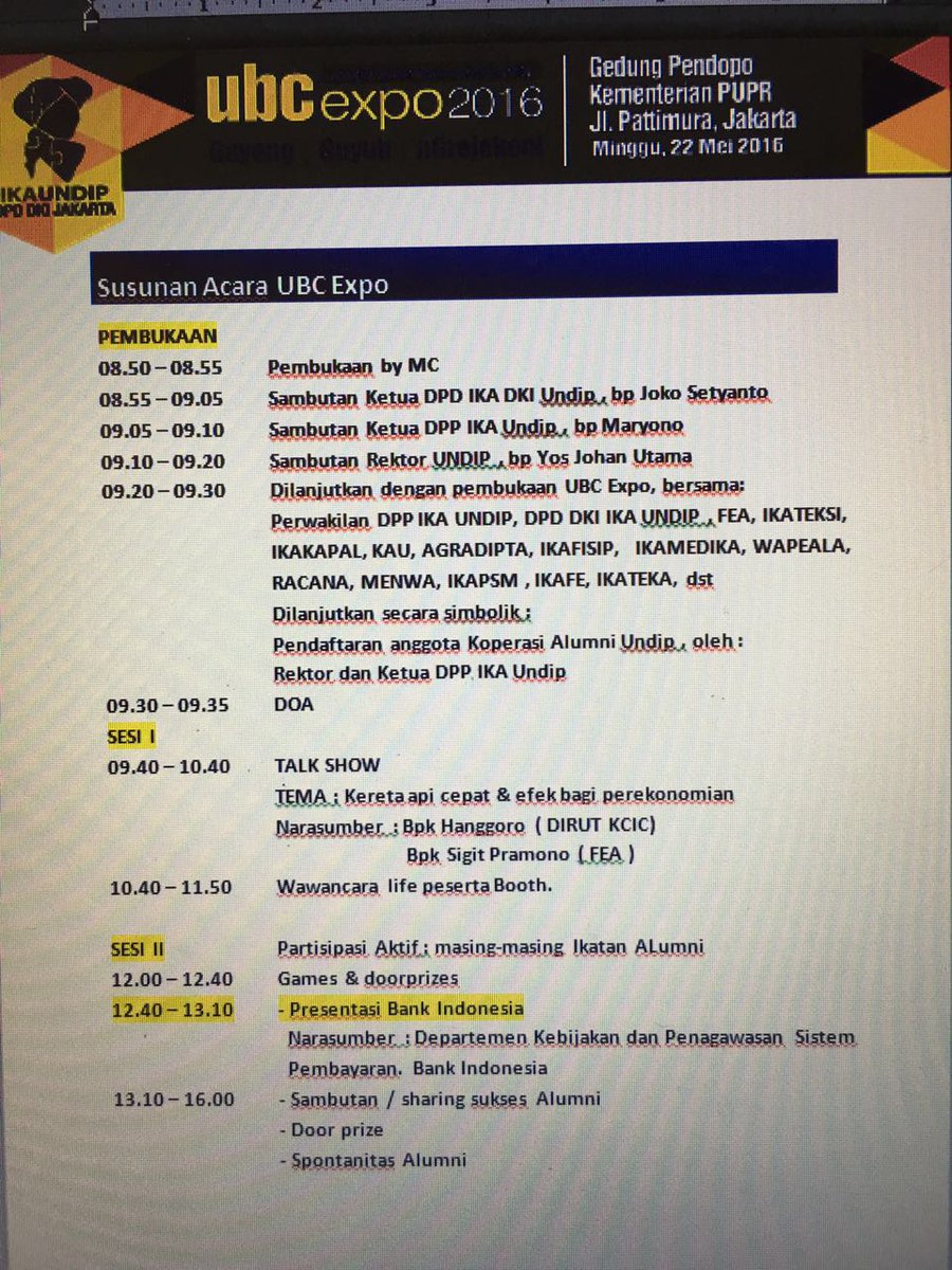 2006menabung's tweet photo. Berikut Run Down Acara Pameran Bisnis Alumni Undip (UBC Expo 2016) Minggu, 22 Mei 2016 (dok. Zaza Sipil '88) https://t.co/rncOa9gQWQ