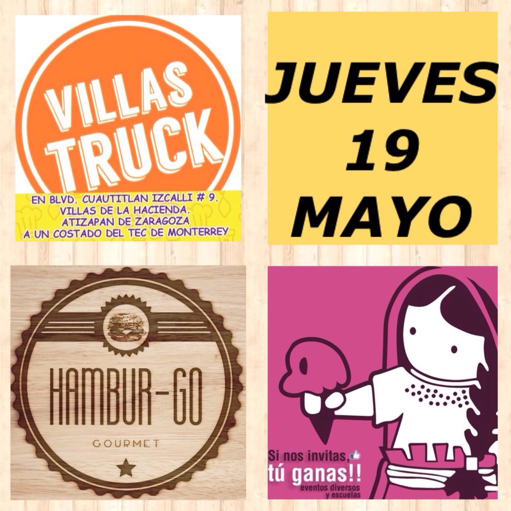 Jueves!
Hamburguesas gourmet, aguas paletas helados crepas y mas, a un costado del <a href="/ITESMCEM/">Tec Estado de México</a> <a href="/HamburgoFT/">HamburGo Food Truck</a>