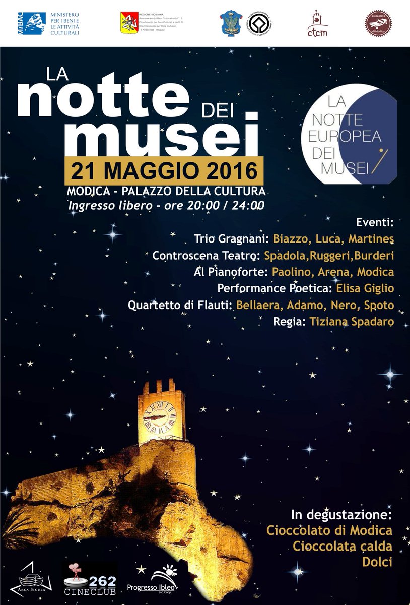 cioccolatmodica's tweet image. #NottedeiMusei Modica Palacultuta Musica Poesia Teatro Degustazioni 
@cioccolatmodica @Modi_Ciocc16 ingresso libero