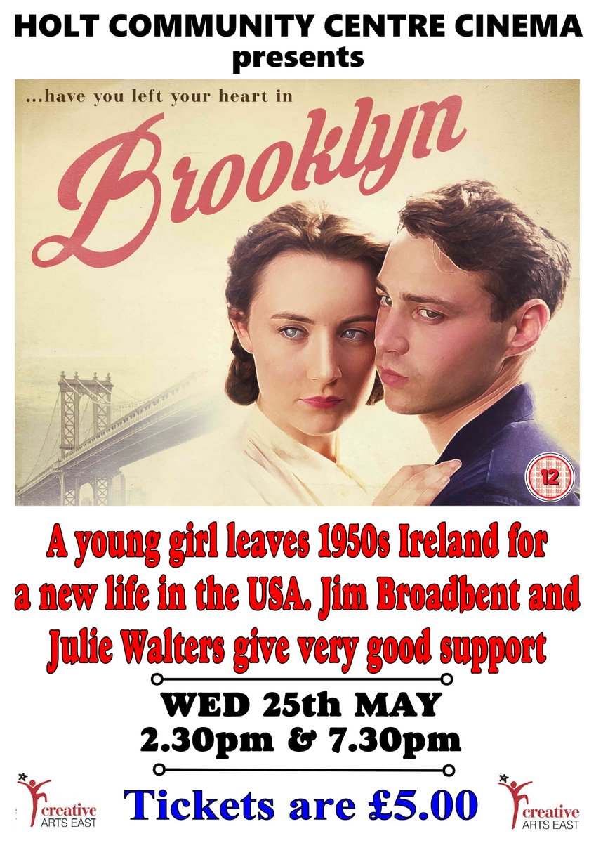 holtcommunity's tweet photo. Holt Community Centre Cinema, 
Presents - BROOKLYN - May 25th 
2.30 &amp; 7.30pm - Ticket £5.00
Please Re Tweet https://t.co/KcKyM2QskG