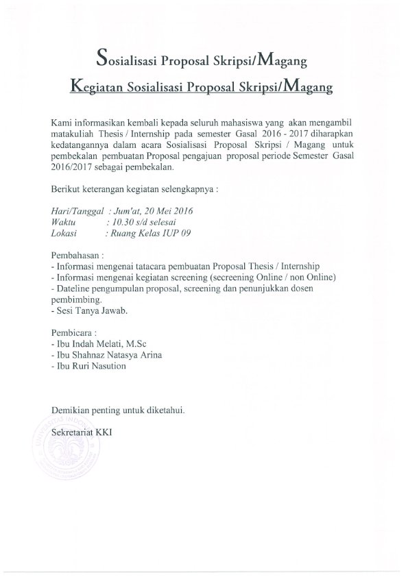 kkifeui's tweet photo. Hadirilah Sosialisasi Proposal Skripsi/Magang KKI Guna Penulisan Tugas Akhir Periode Gasal 2016/2017 https://t.co/uELU9dSv4W