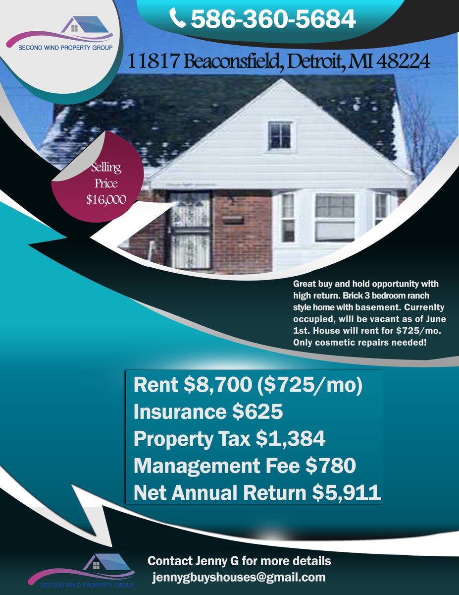 secondwindprop's tweet image. HOT 3 bedroom off market buy and hold opportunity in #Detroit! All offers accepted! #cashbuyers #RealEstateInvestor