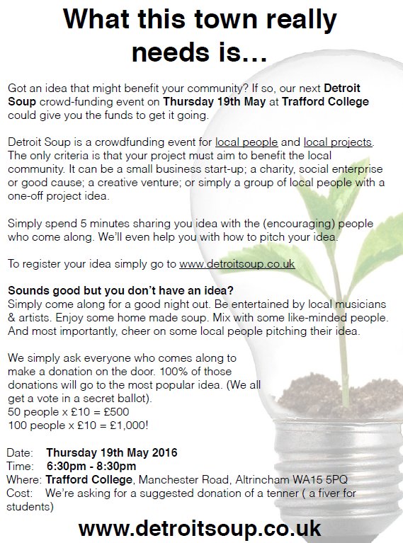 Tonight Trafford College is hosting DetroitSOUP. Look forward to seeing you there!