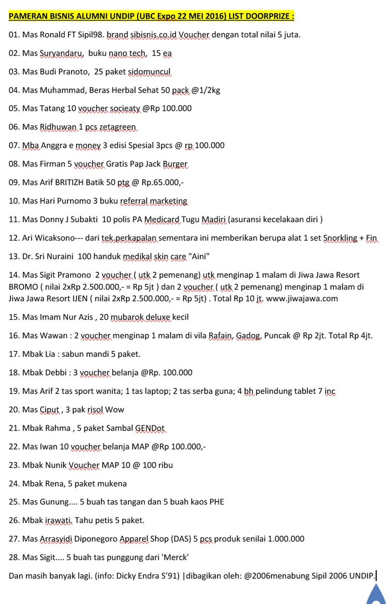 2006menabung's tweet photo. List Doorprize Pameran Bisnis Alumni Undip 22 Mei '16. Ikateksi Undip ikut meramaikan sekitar 200 orang. Ayo gabung! https://t.co/yxWMNAXF4k