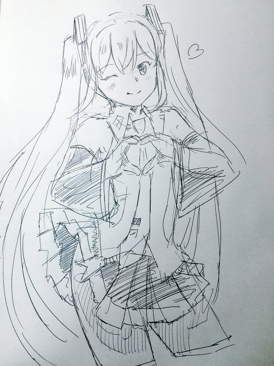 Mayoriyo Pa Twitter 女の子の可愛いポーズを初音ミクさんで描く 6枚目は レム アリスさんリクエスト ウインクして手でハートをつくる を描いてみました ﾉ