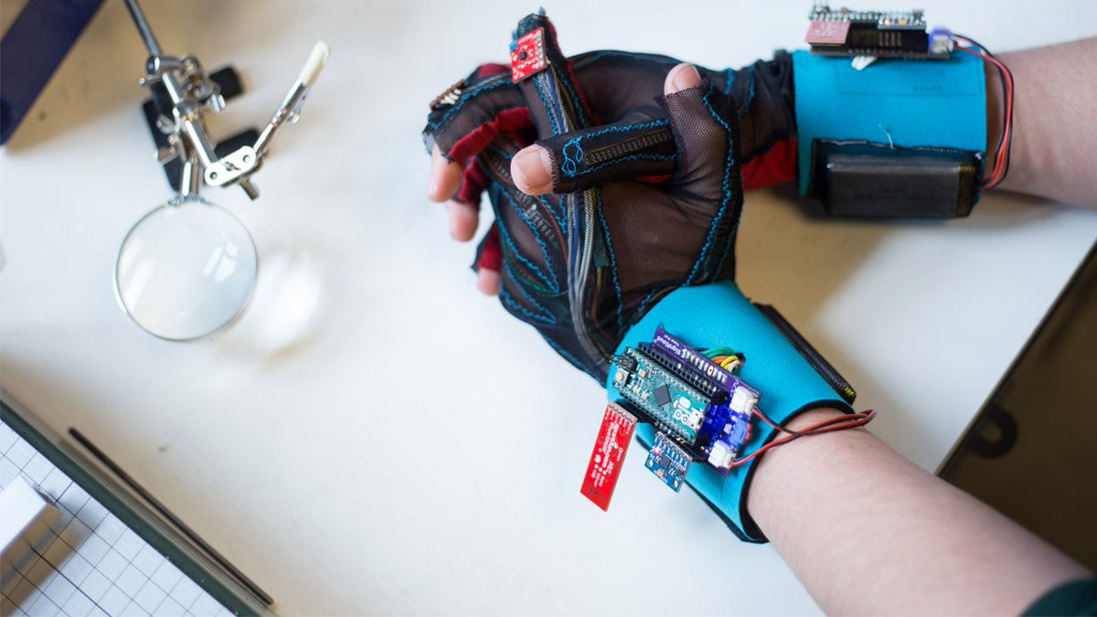 arduino's tweet photo. Two students built Arduino-powered gloves that translate sign language into spoken English: https://t.co/092yrWBsX3 https://t.co/jAncjSwnD2