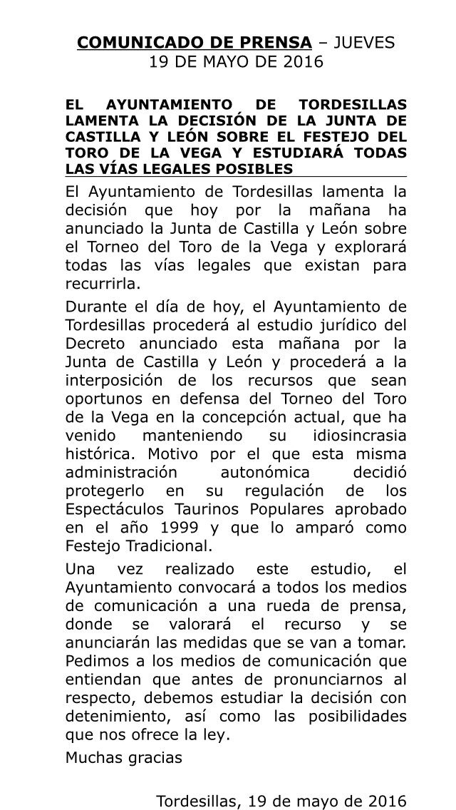 SentirTaurino1's tweet photo. Primeras reacciones del Ayuntamiento de Tordesillas ante el anuncio de la Junta de CyL que afecta al Toro de la Vega https://t.co/ALO6Z2tULr