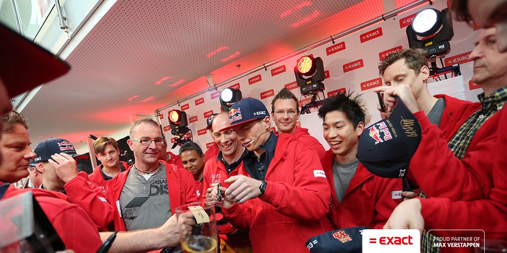Exact's tweet photo. Whoomp there he is! @Max33Verstappen celebrates his epic victory on our HQ. #ProudPartner https://t.co/2yGJUfEpHi
