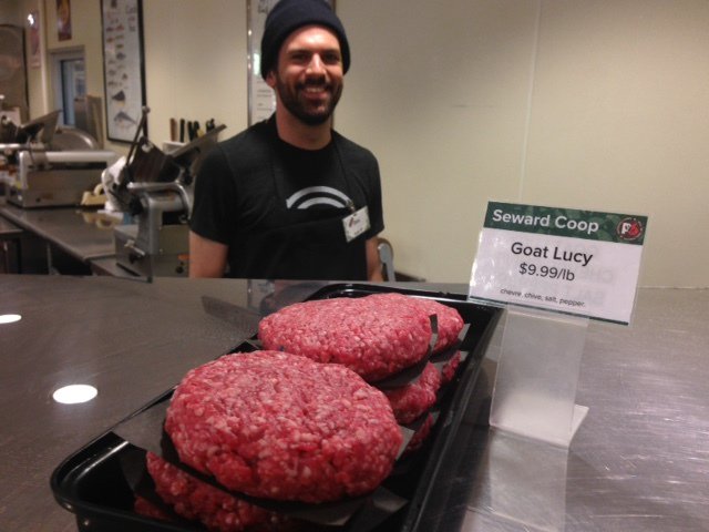 Seward's Goat Lucy, made Dan speechless. Fresh #P6 Peter's Farm ground goat, chevre cheese, chives, salt, &amp; pepper.