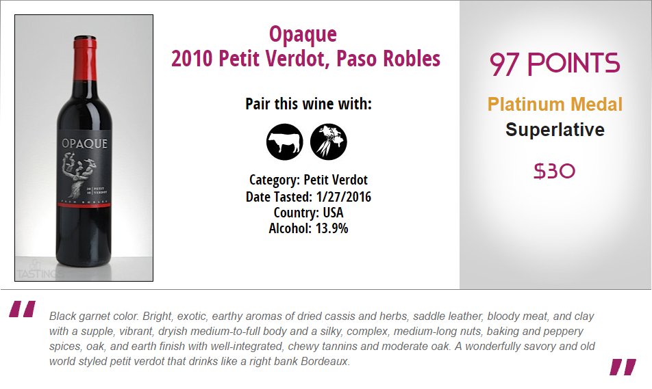 ClassiqueWines's tweet image. So, check it: @SAWineryLA 2010 Opaque #PetitVerdot - #97points! Gorgeous #wine!