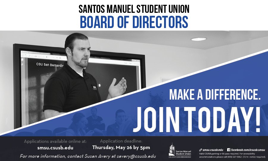 CSUSB_SMSU's tweet image. Want to make a difference? Apply for a student rep position on our Board of Directors! #mySMSU #CSUSBSMSU