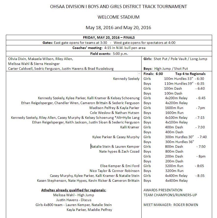 Bellbrook_Track's tweet photo. Here is the line up &amp; schedule of events for Friday's finals @ Welcome Stadium. Come out &amp; support your track team! https://t.co/VS2NeHsStT