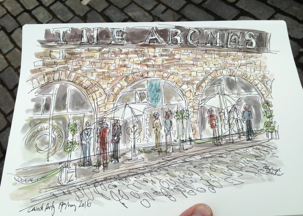 edinsketcher's tweet photo. Sketching at #TheArches tonight, as @archesnw is launched, look for the huge banner on East Market St! @Edinburgh https://t.co/quO9R6l4av