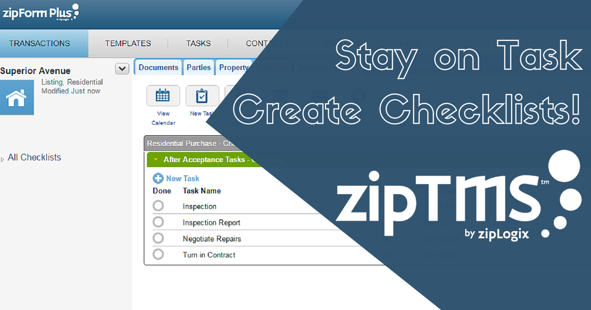 zipForm's tweet image. With zipTMS™ &amp;amp; @zipForm® Plus stay organized! Learn to create checklists. #RealEstate bit.ly/27DR5XU