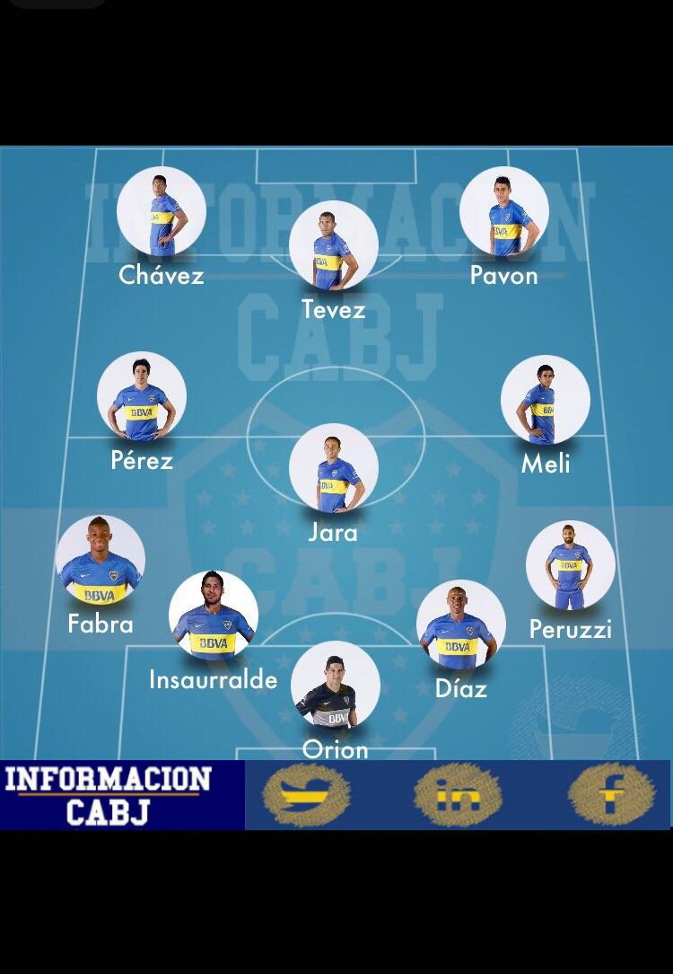 Fichajesdefpc_'s tweet photo. Los 11 para esta noche: Orion; Peruzzi, Díaz, Insaurralde, Fabra; Meli, Jara, Pérez; Pavón, Tevez y Chávez. 💙💛💙 https://t.co/2smd1WfMm4