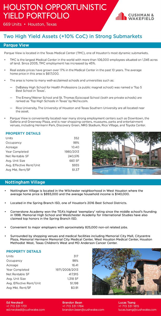 Two high yield assets (+10% CoC) in strong submarkets of #Houston totaling 669 Units! #Multifamily #InvestmentOpp