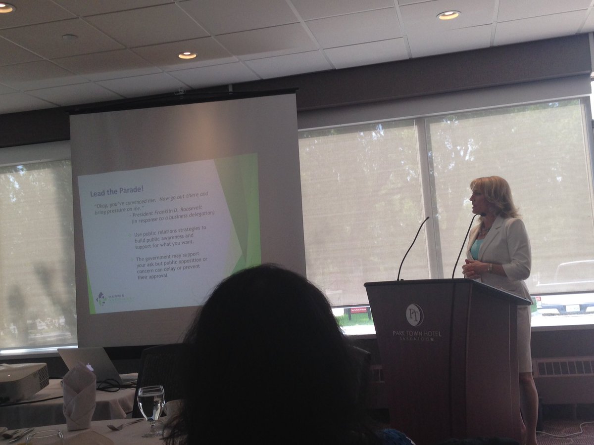 afpsaskatoon's tweet image. Terri Harris of @HarrisGreenaway demystifying government relations:"Lead the parade- use PR to build public support"