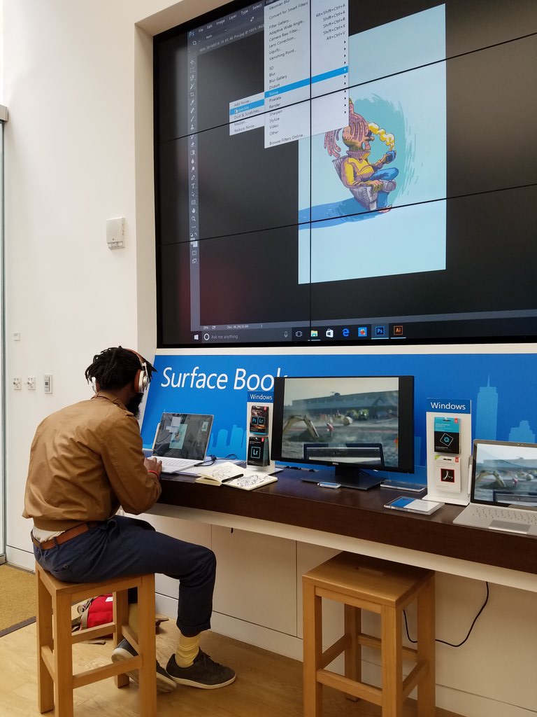 gloria_sin's tweet photo. Illustrator @freshkaufee is in #NYC from Oakland to try out the #SurfaceBook. He's diggin' it so far! #bugs87 https://t.co/gfmT6uNJZp