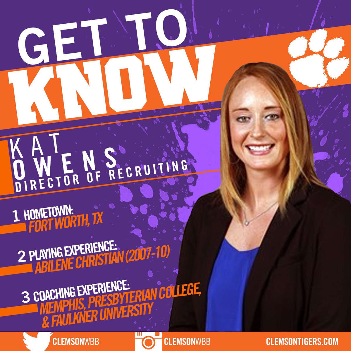 ClemsonWBB's tweet photo. Welcome Kat Owens to the #ClemsonFamily. She is our new Director of Recruiting! https://t.co/LqdC0MoeaZ