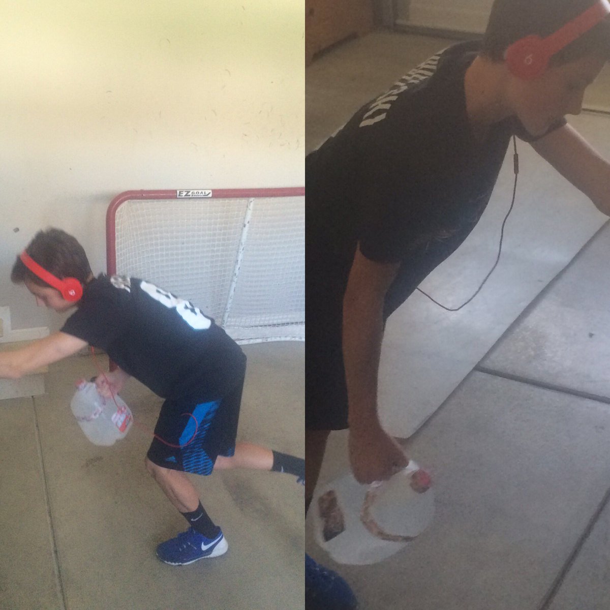 interactivejd's tweet image. Silas using his resources! Working out for South Stars hockey with a milk jug filled with water!