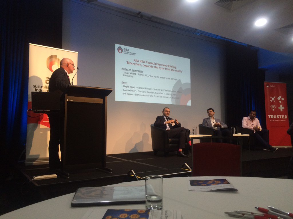 1stLeighton's tweet photo. @AIIA_ICT Panel on #blockchain -  Nagib Kasiis of Allianz, Laszlo Peter of CBA, PK Rasam of @BlueChilliGroup https://t.co/ds8CWei3nk