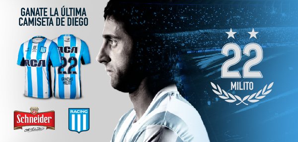 #GraciasDiegoMilito Ganate una camiseta única. Hacé RT, seguí a <a href="/RacingClub/">Racing Club</a> y a <a href="/SchneiderARG/">Esnáider ⭐⭐⭐</a> y estás participando!